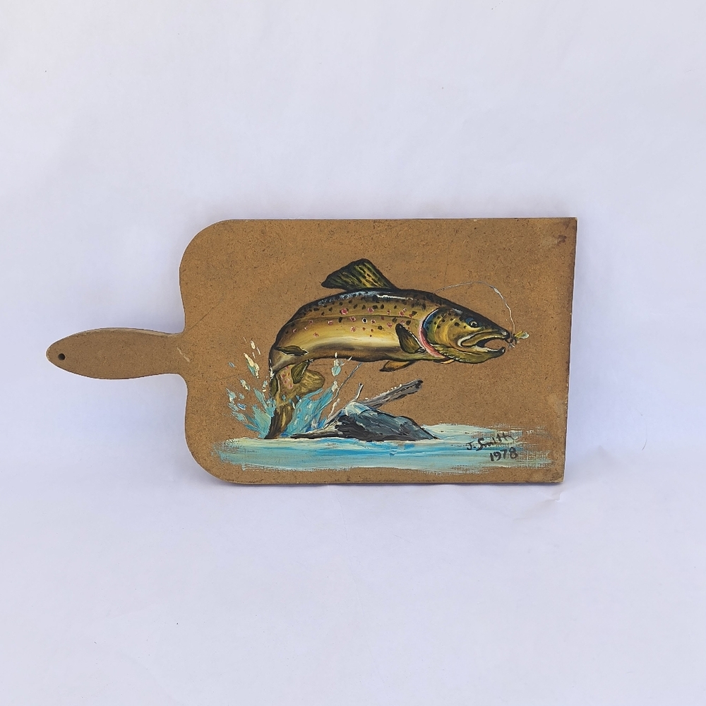VINTAGE | Original Folk Art Trought Fish Cutting Board Painting By J. Smith 1978
